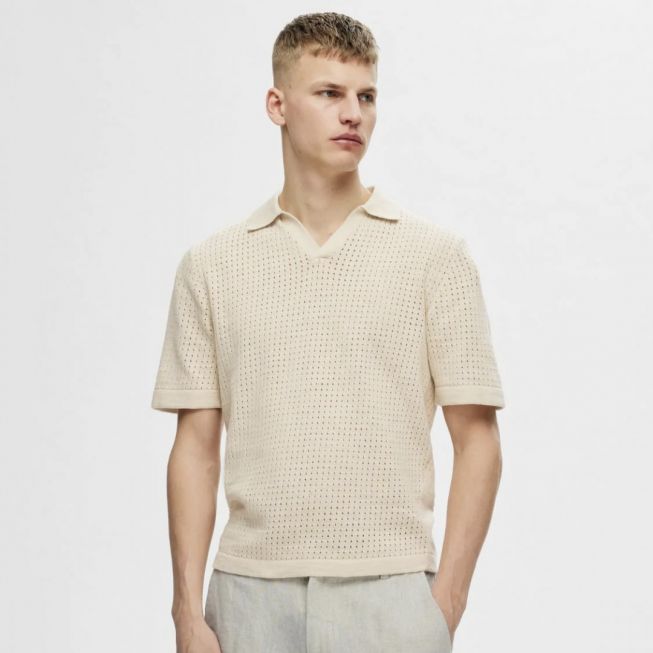 SLHNIK SS KNIT RELAXED CROCHET OPEN POLO